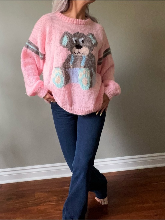 Sweaters - Hand knit Pink Plush Bear Graphic Sweater - Women